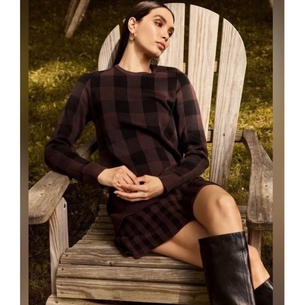 Pearl by Lela Rose Brown Wool‎ Blend Ribbed Tiered Ruffle Mock Neck Midi Dress M